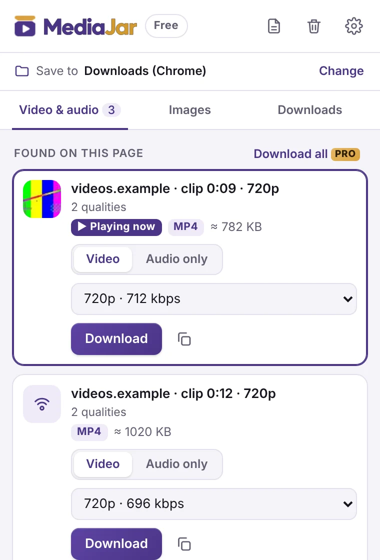 MediaJar popup: the video playing on the page is marked “Playing now”, with quality and download buttons